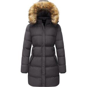 Women's Charcoal Winter Puffer Coat Warm Jacket With Removable Hood